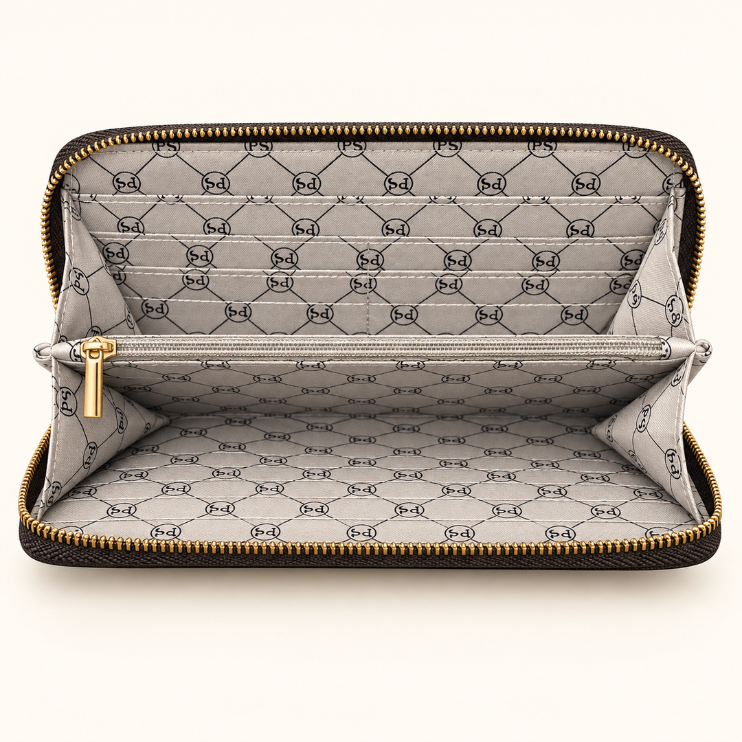 Open Lenni Checkered Coffee Woven Wallet showing card slots, zippered compartments, and patterned interior lining.