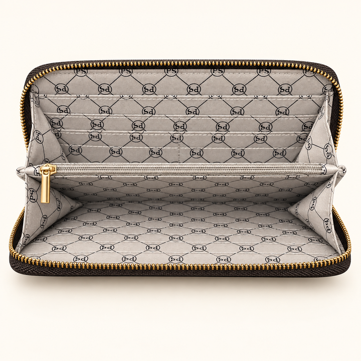 Open Lenni Checkered Coffee Woven Wallet showing card slots, zippered compartments, and patterned interior lining.