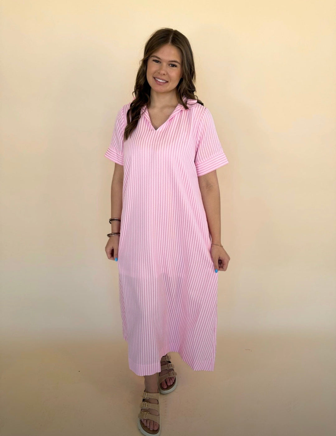 Raina Split Neck Striped Midi Dress