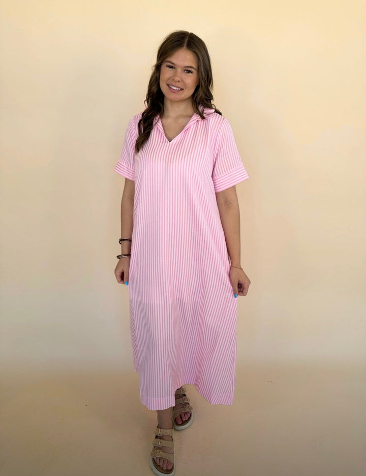 Raina Split Neck Striped Midi Dress