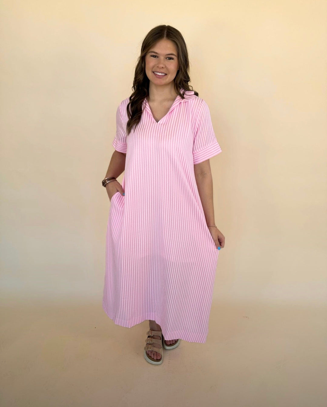 Raina Split Neck Striped Midi Dress