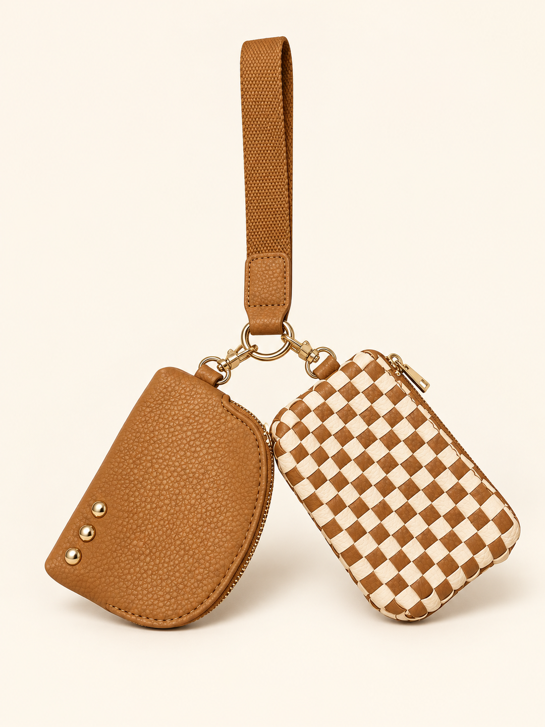 Brown Checkered Wonderlust Woven Dual Pouch Wristlet with brown curved pouch and wrist strap.