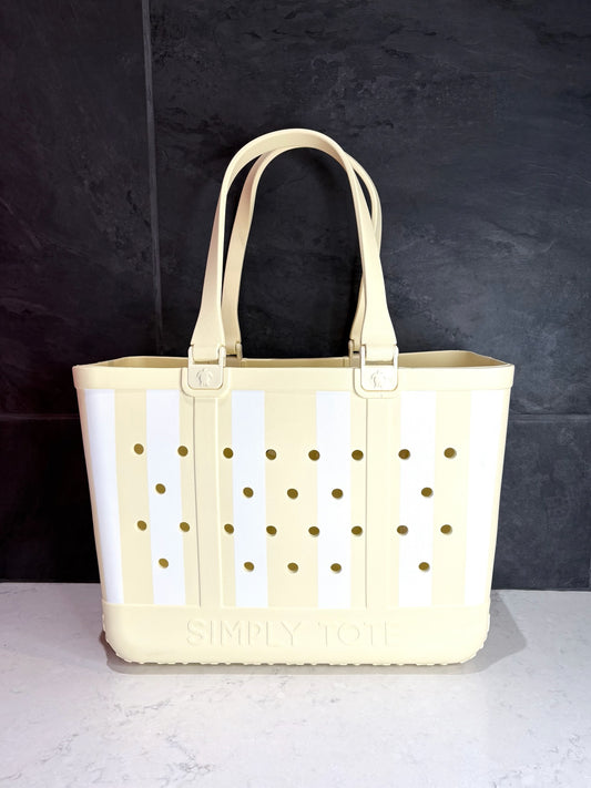 Lemon and white striped Simply Tote bag with perforated design and sturdy shoulder straps, lightweight beach tote for summer travel and everyday use.