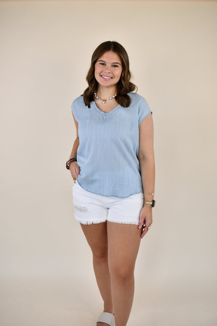 Sky blue Dear John Yanis V-Neck Cap Sleeve Top with lightweight TENCEL™ fabric, cap sleeves, and relaxed silhouette.
