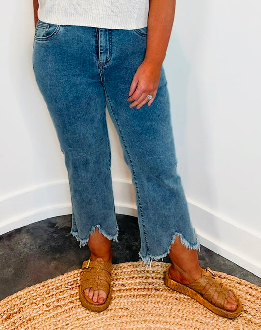Everstretch Wide Leg Crop with Scalloped Fringe Bottom