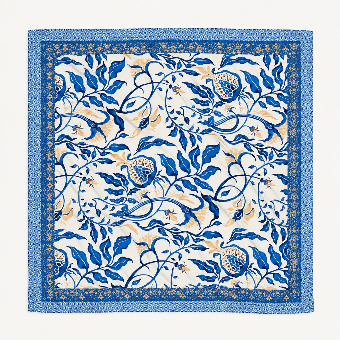 A square silk scarf featuring a traditional Persian-style floral and pomegranate pattern in blue and nude on a white background, finished with a blue patterned border.