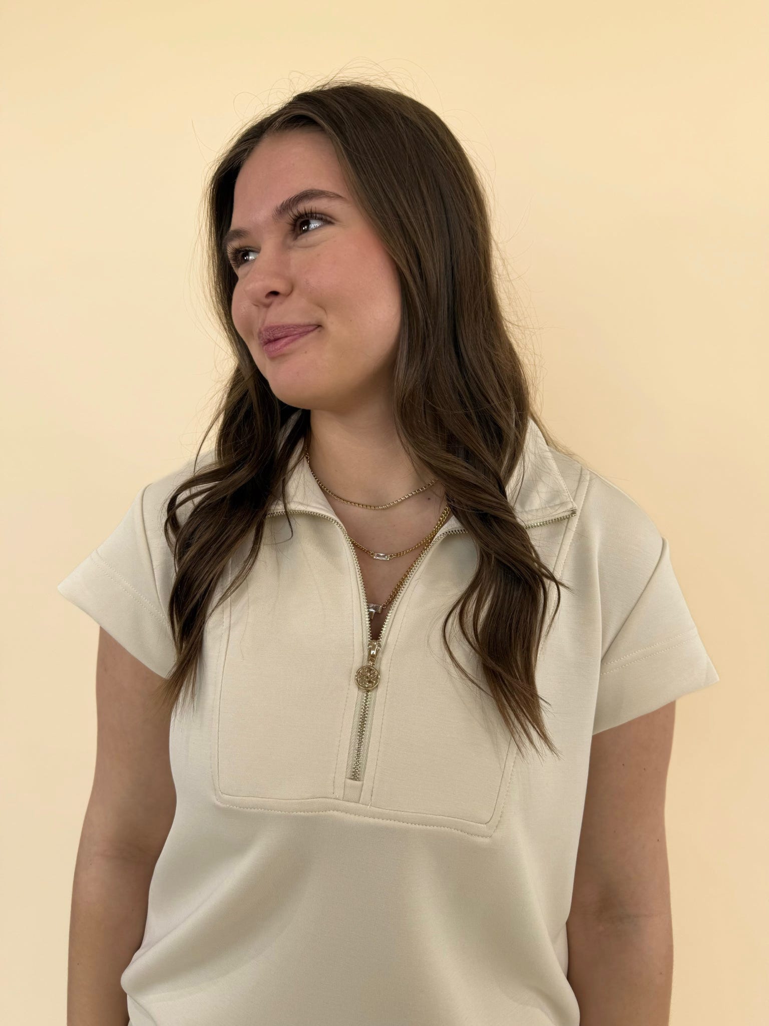 CloudSilk Weekend Set in sand featuring cap sleeve quarter zip top with pop collar and gold zipper detail
