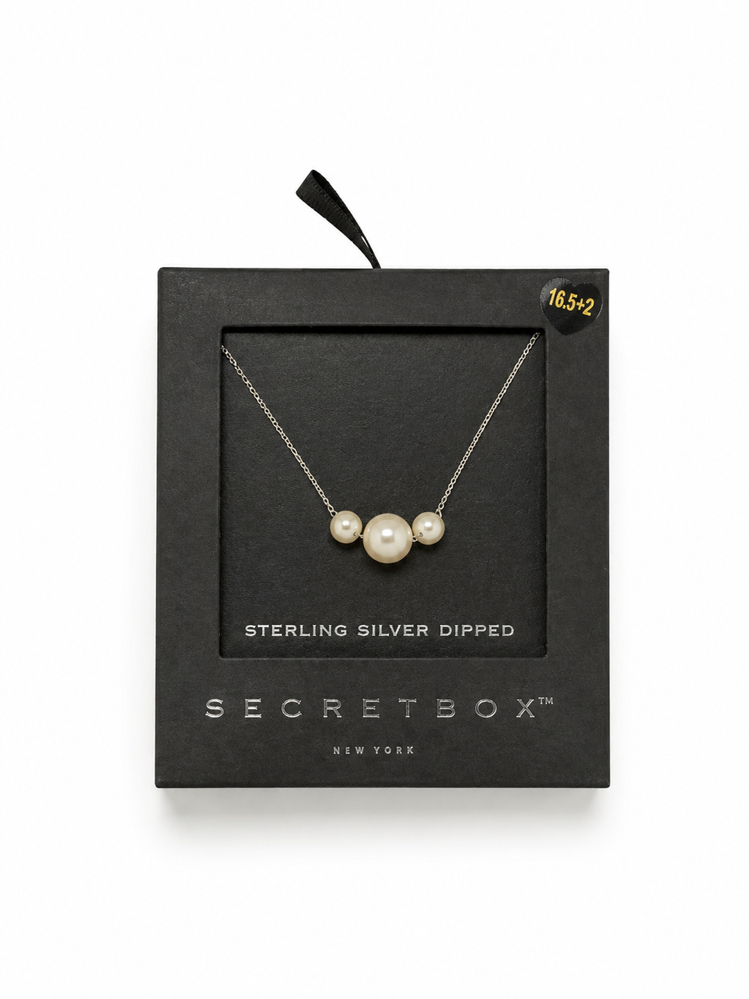 Three Pearl Sterling Silver Dipped Necklace featuring three ivory faux pearls on a delicate silver chain, displayed in a black Secret Box gift box against a white studio background.
