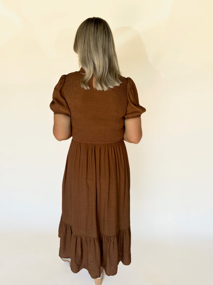 Yenni Feminine Smocked Midi Dress