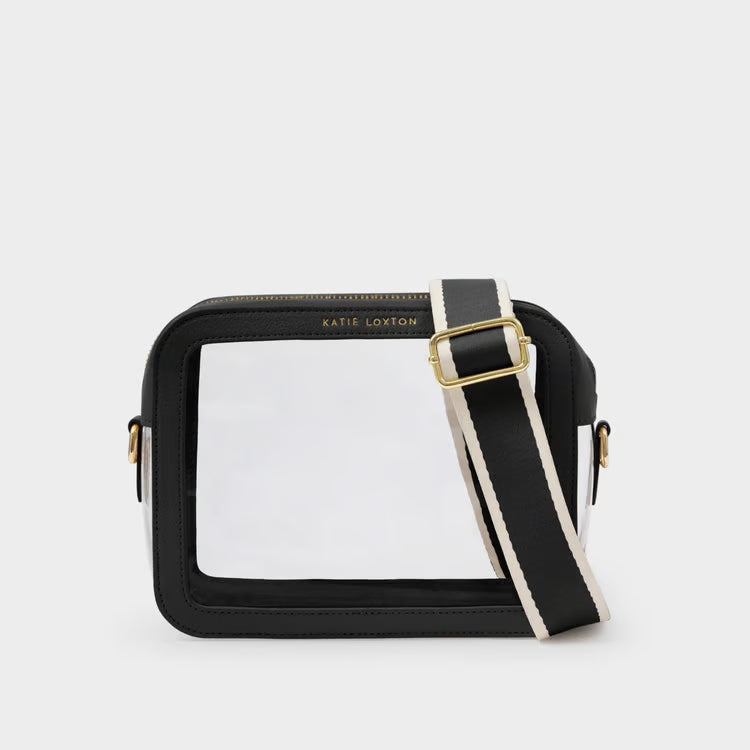 Black crossbody bag with clear front panel on a white background