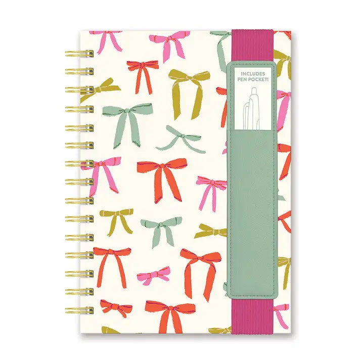 Colorful bow print spiral bound notebook with elastic closure and built-in pen pocket, ribbon pattern planner journal gift from Square 1 Boutique