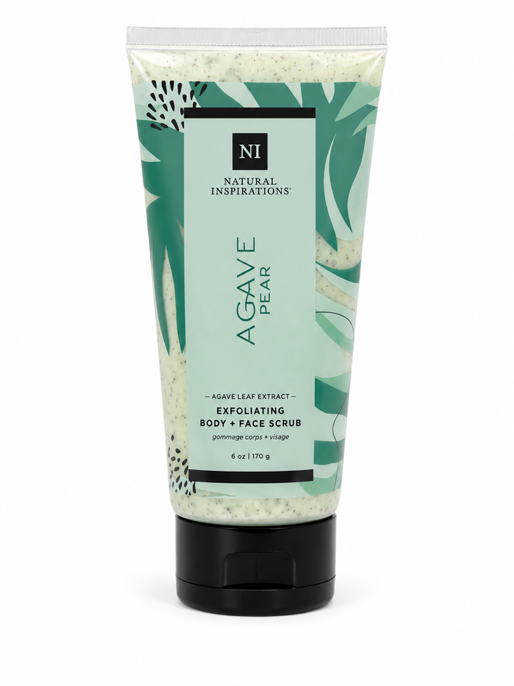 Natural Inspirations Agave Pear exfoliating body and face scrub with agave leaf extract and moisturizing botanical oils.