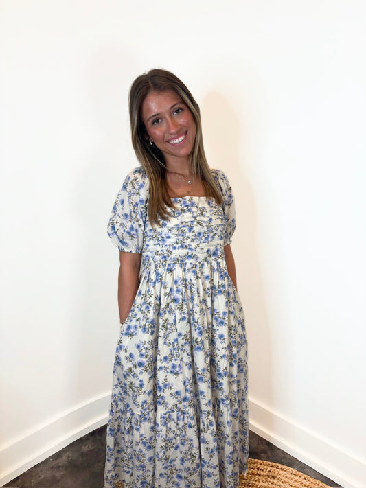 Gaia Floral Print Bubble Sleeve Midi Dress