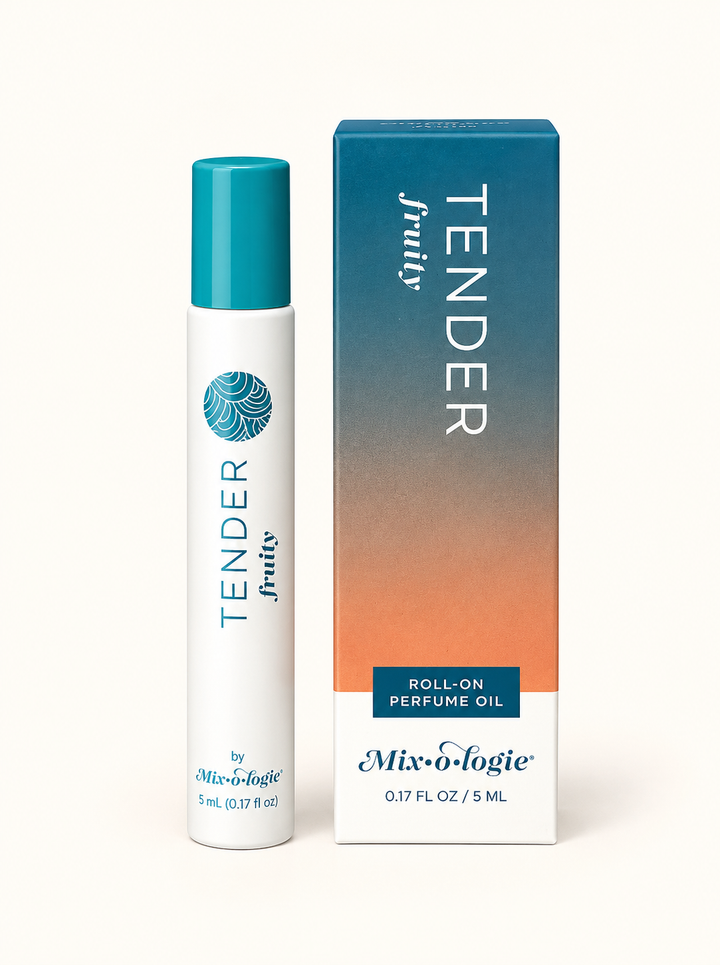 Mixologie Tender Fruity 5 mL roll-on perfume oil with turquoise cap and teal-to-peach gradient packaging on a cream studio background.