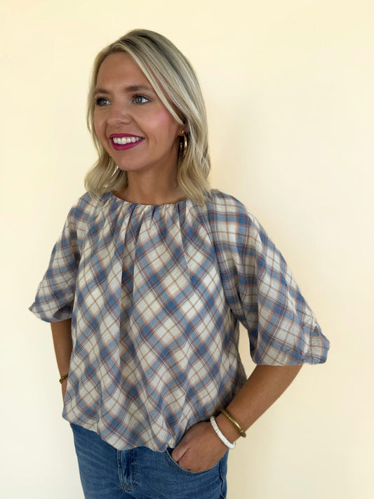 women’s blue plaid blouse short sleeve top gathered neckline lightweight cotton blend casual boutique clothing