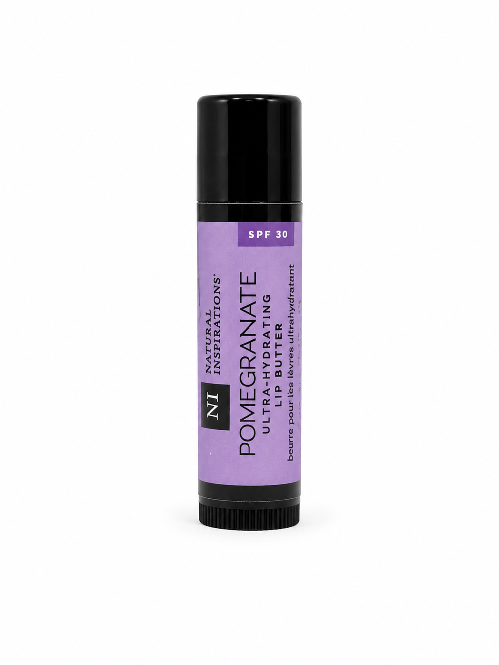 Natural Inspirations Pomegranate Ultra-Hydrating Lip Butter with SPF 30 in a moisturizing lip balm tube for soft, healthy-looking lips.
