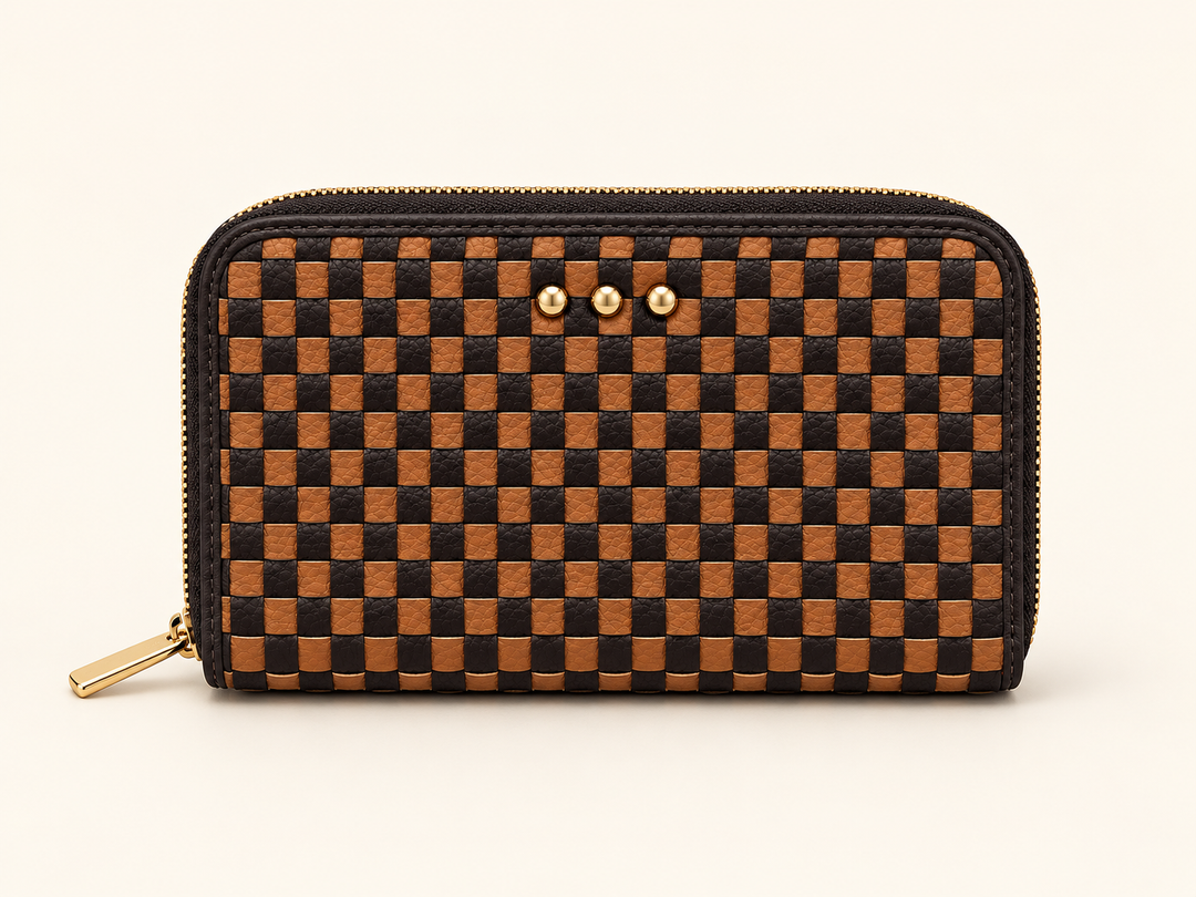 Front view of Lenni Large Zip Woven Wallet in a black and coffee checkered pattern with gold-tone hardware.