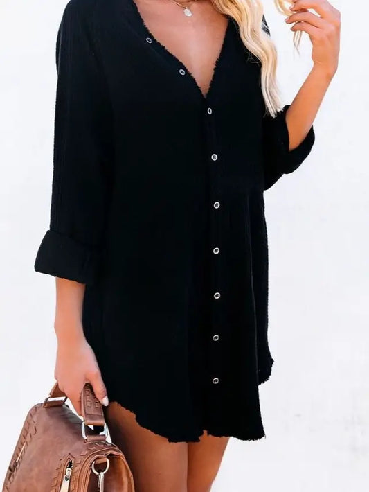 Crinkle Solid Over Fit Long Sleeve Blouse Shift Dress Cover Up