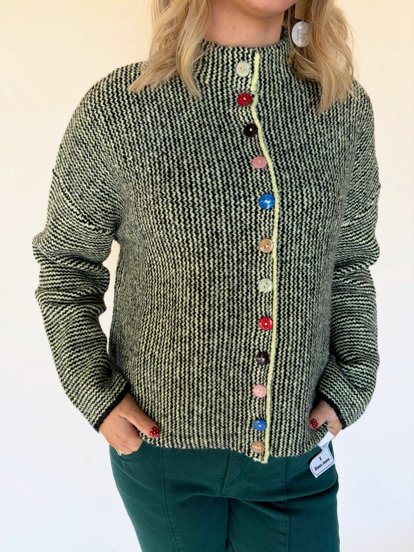 Green textured knit cardigan with multicolor buttons, women’s statement sweater from Square 1 Boutique