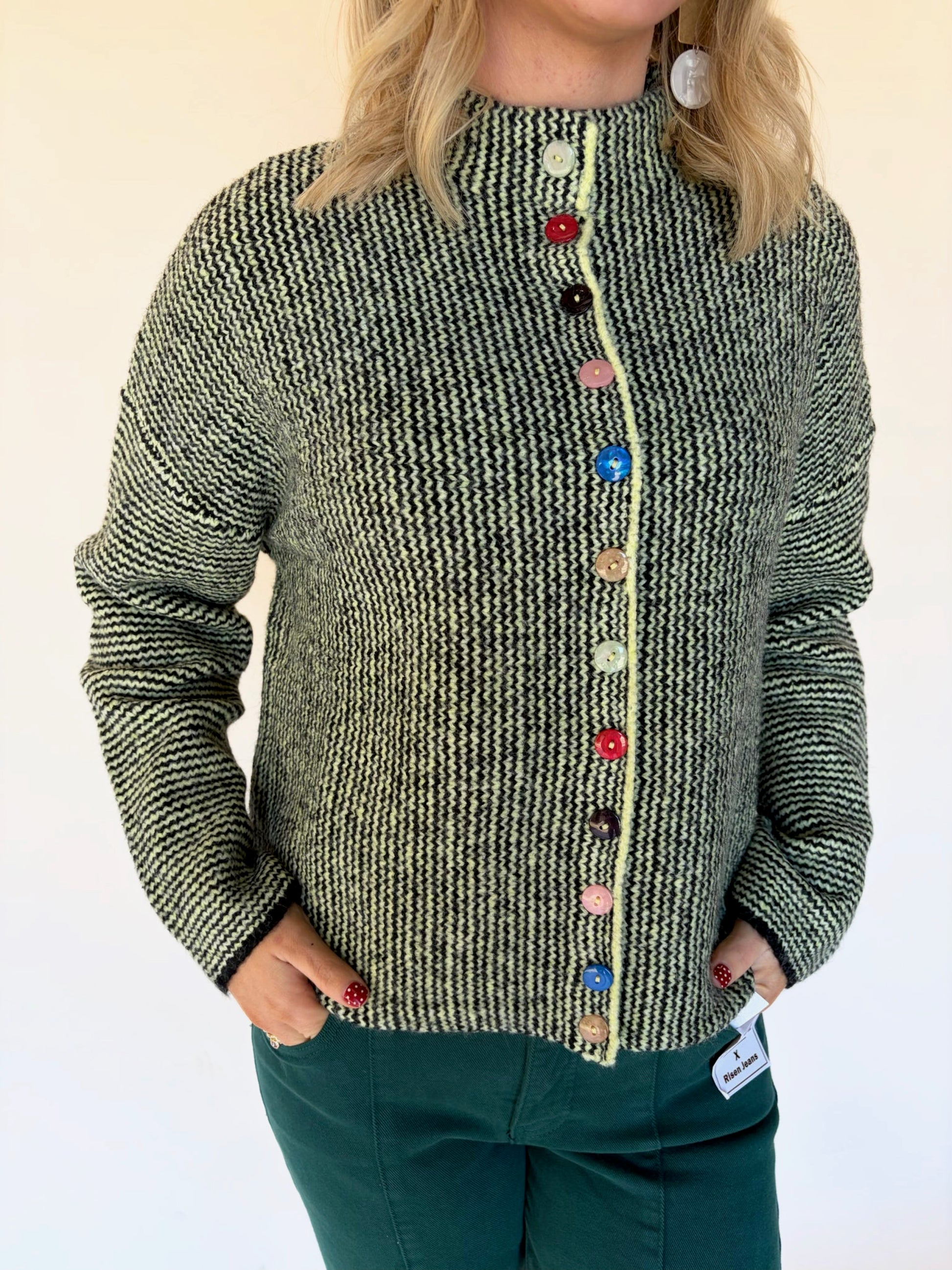 Green textured knit cardigan with multicolor buttons, women’s statement sweater from Square 1 Boutique