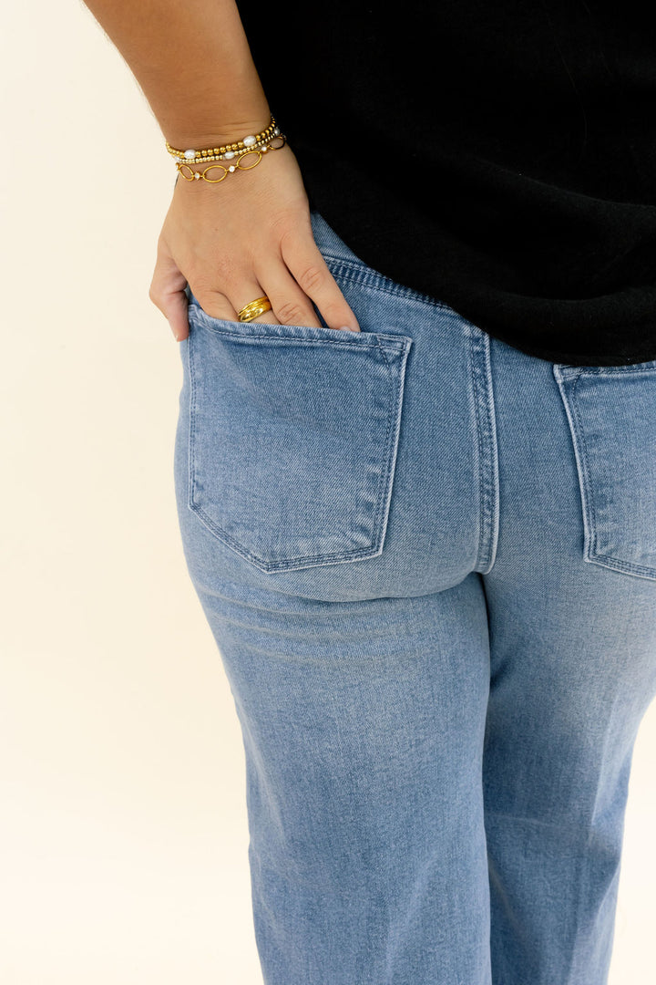 Dear John Bowie Wide Leg Jeans in Poetry close-up showing back pocket and light wash denim detail