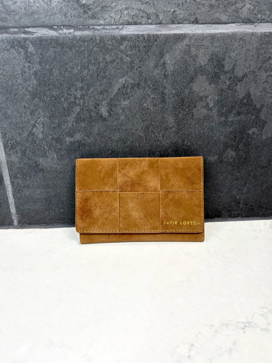 Taya woven wallet in caramel faux suede with textured panel design and gold Katie Loxton logo