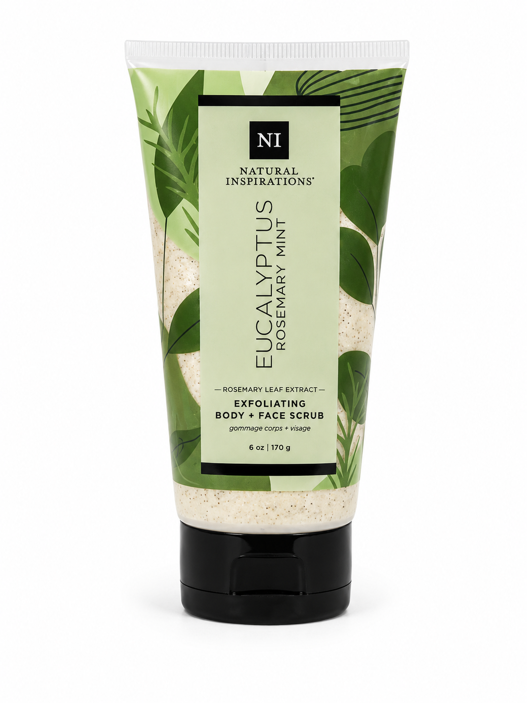 Natural Inspirations Eucalyptus Rosemary Mint exfoliating body and face scrub with rosemary leaf extract and cooling essential oils.