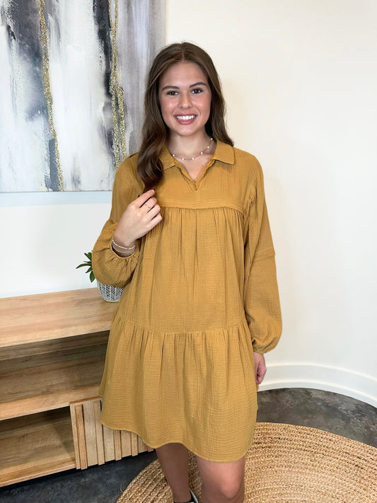 Long Sleeve Collared Baby Doll Tiered Gauze Dress