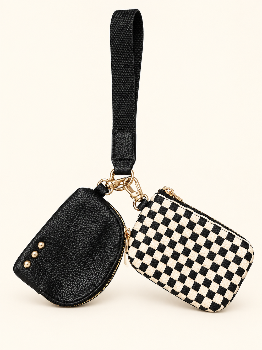 Black Checkered Wonderlust Woven Dual Pouch Wristlet with black curved pouch and gold-tone hardware.