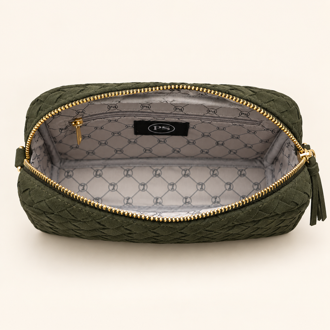 Open Suede Paris Card Wallet in olive showing its compact interior and patterned lining.