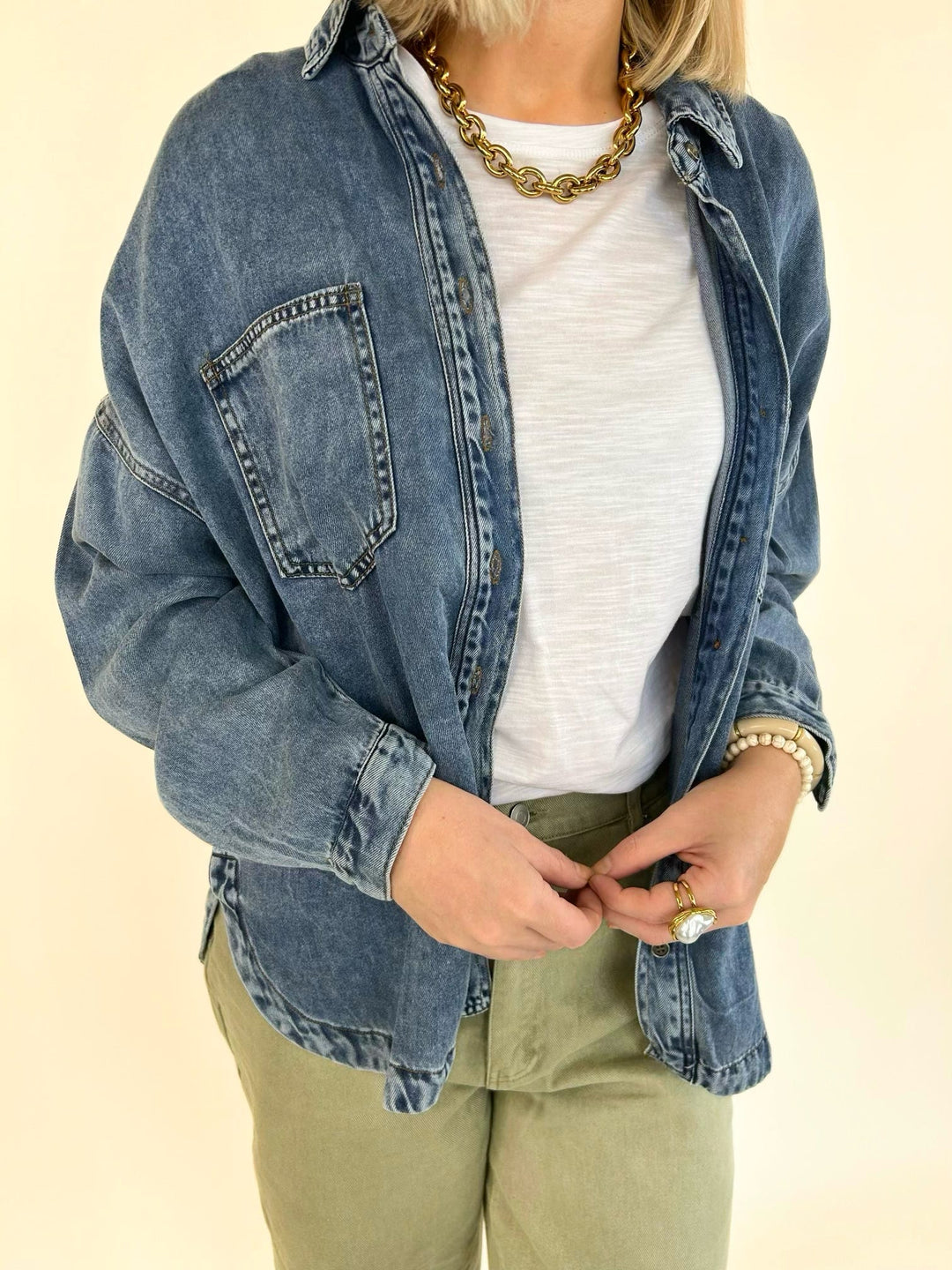 Marlow Mineral Wash Denim Shirt worn open over a white tee with olive pants for a layered casual look
