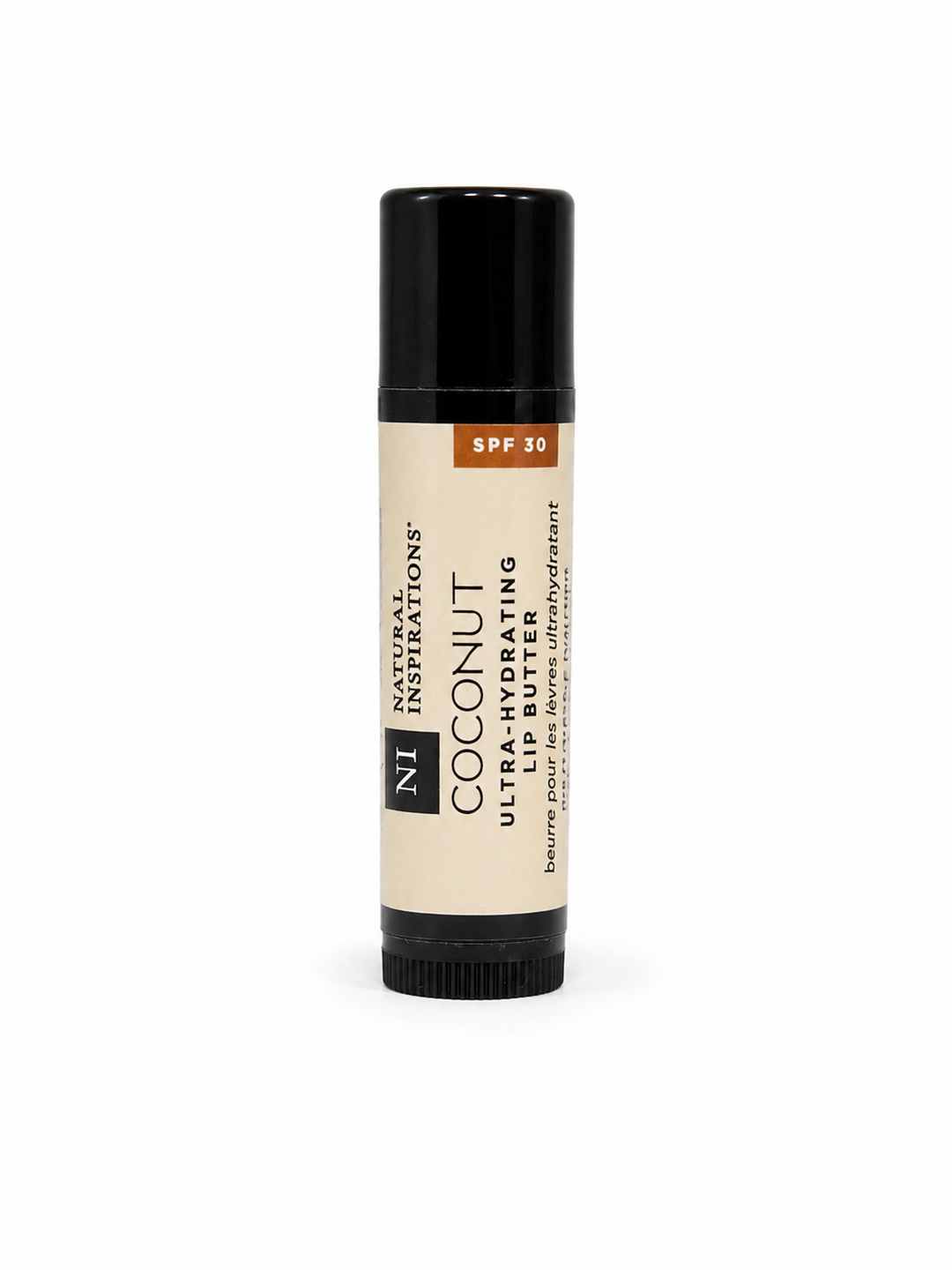 Natural Inspirations Coconut Ultra-Hydrating Lip Butter with SPF 30 in a moisturizing lip balm tube for nourishing lip care and sun protection.