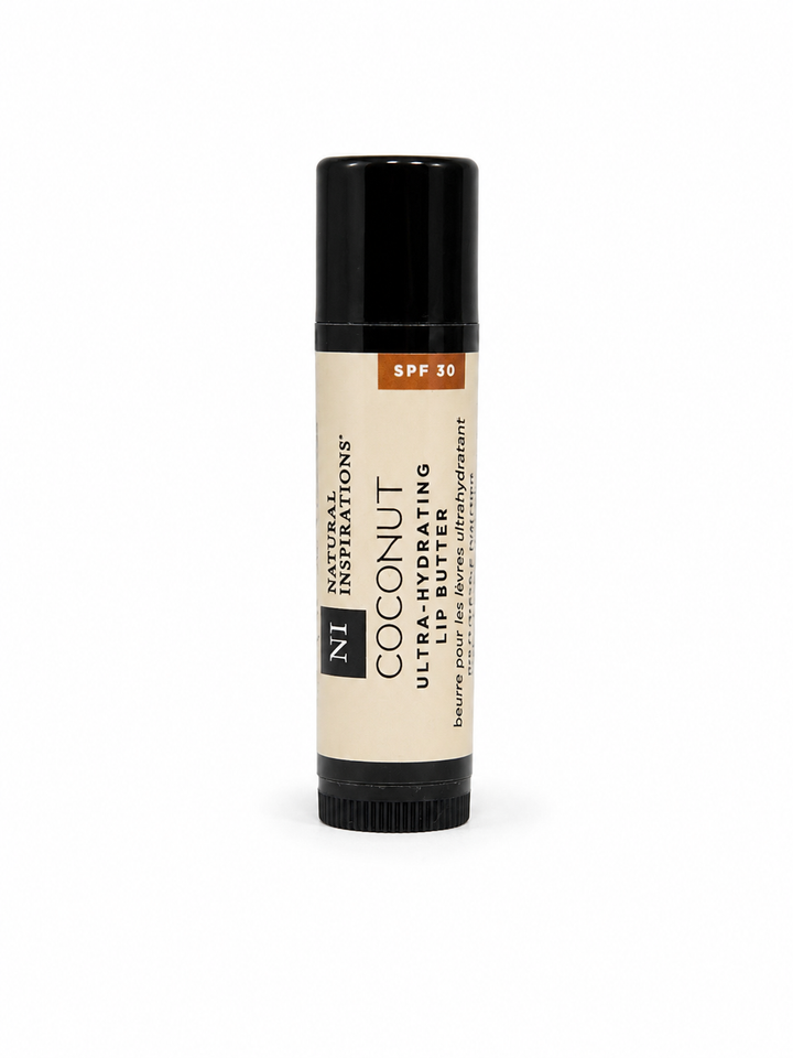 Natural Inspirations Coconut Ultra-Hydrating Lip Butter with SPF 30 in a moisturizing lip balm tube for nourishing lip care and sun protection.