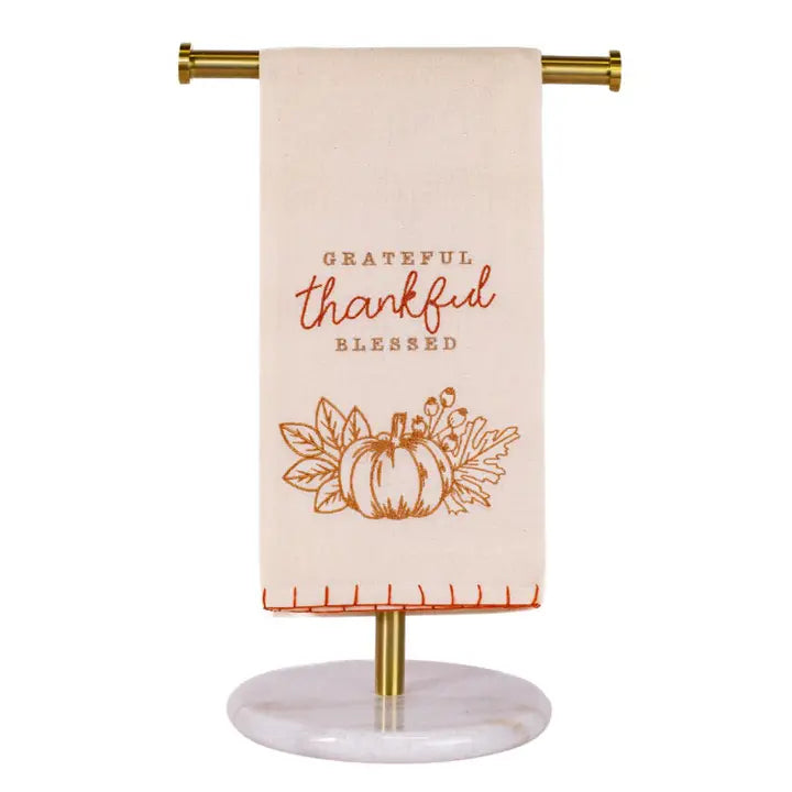 Cream and orange Grateful Thankful Blessed Thanksgiving hand towel with pumpkin and fall foliage design