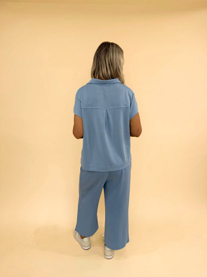 CloudSilk Weekend Set in blue showing back view of cap sleeve top and cropped lounge pants in ultra-soft modal blend fabric