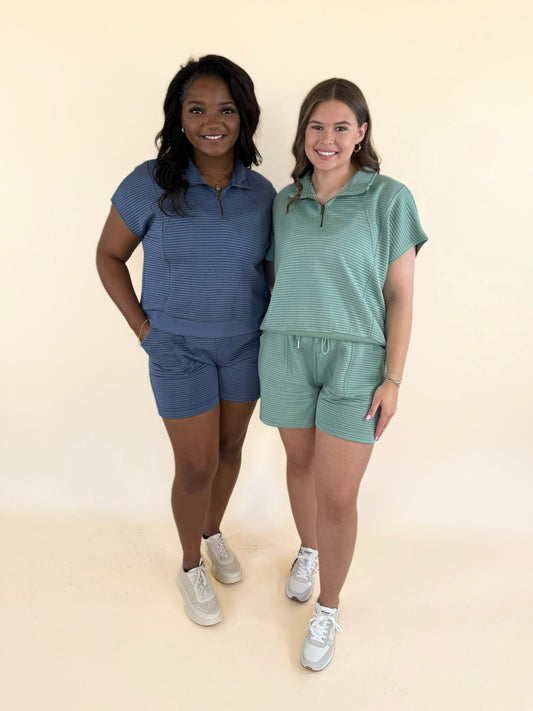 Women’s quilted lounge set in spearmint green and dark blue, two-piece matching set with zip top and shorts casual outfit