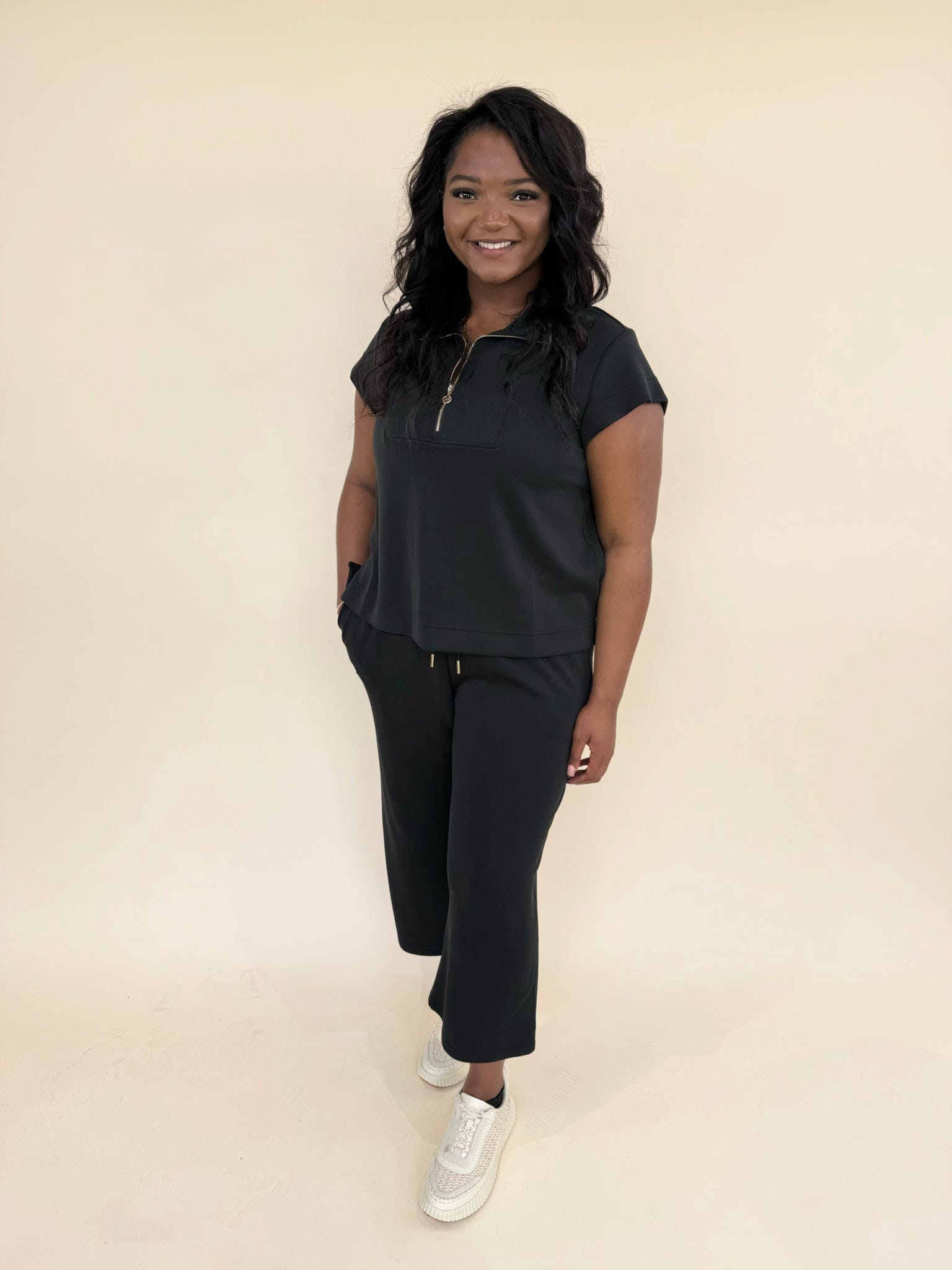 CloudSilk Weekend Set in classic black with cap sleeve quarter zip top and cropped drawstring lounge pants