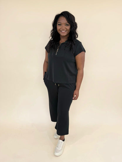 CloudSilk Weekend Set in classic black with cap sleeve quarter zip top and cropped drawstring lounge pants