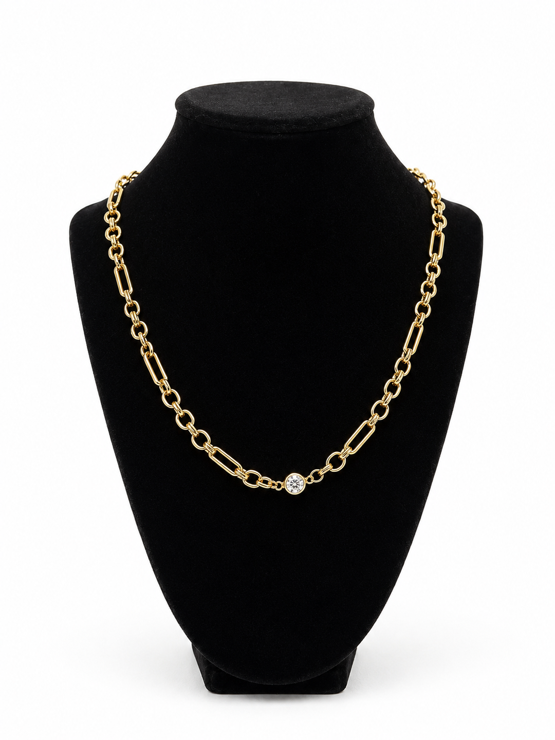 Gold Melissa Necklace by Chan Sutt Pearl featuring an adjustable 18K gold plated stainless steel paperclip chain with a solitaire crystal accent, water resistant and backed by a lifetime warranty.