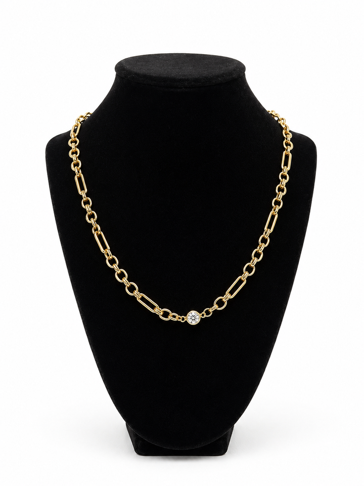 Gold Melissa Necklace by Chan Sutt Pearl featuring an adjustable 18K gold plated stainless steel paperclip chain with a solitaire crystal accent, water resistant and backed by a lifetime warranty.