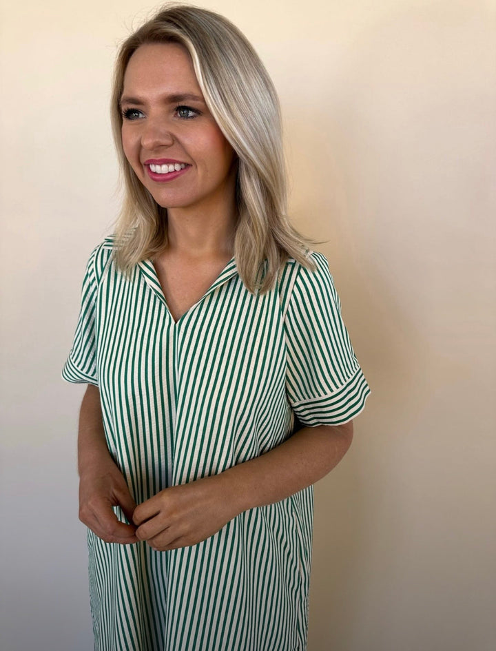 Raina Split Neck Striped Midi Dress