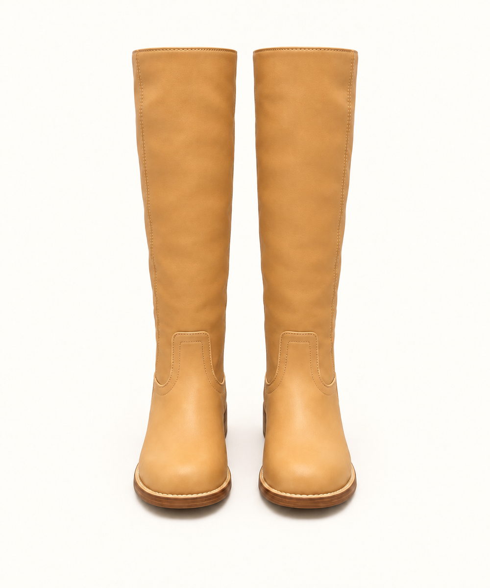 Front view of Corkys Put Up or Shut Up camel knee-high boots with rounded toes and stacked heels.