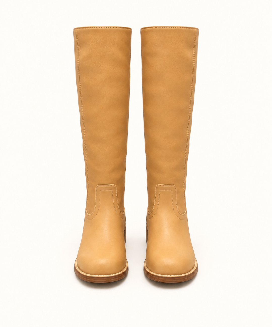 Front view of Corkys Put Up or Shut Up camel knee-high boots with rounded toes and stacked heels.