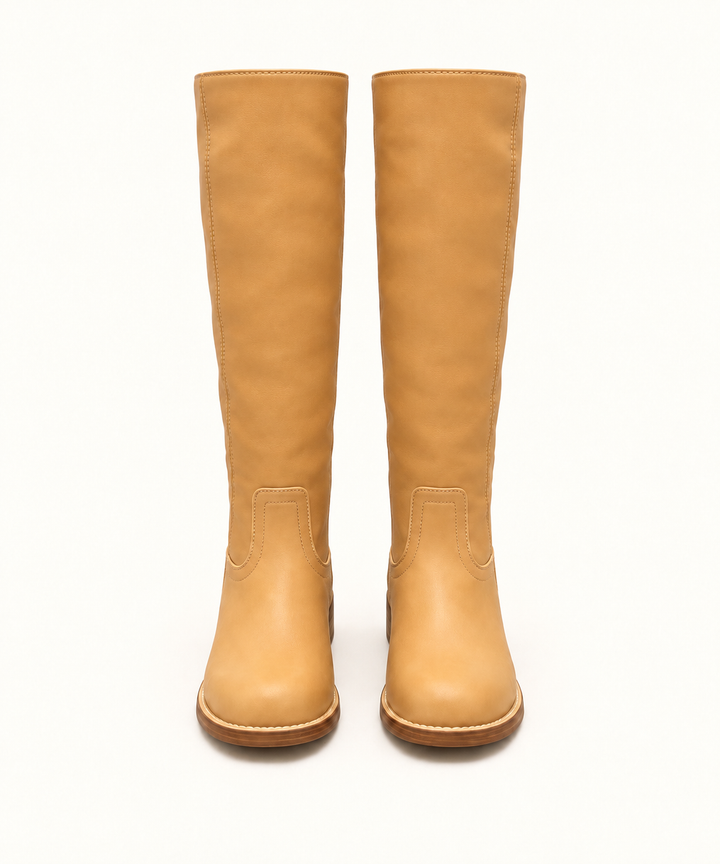 Front view of Corkys Put Up or Shut Up camel knee-high boots with rounded toes and stacked heels.
