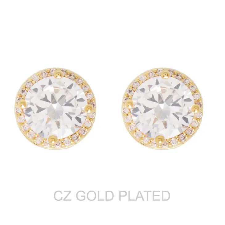 Gold Plated Cz Halo Stud Earrings