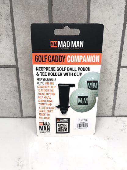 Golf ball pouch and tee holder with clip packaging on a gray tiled background