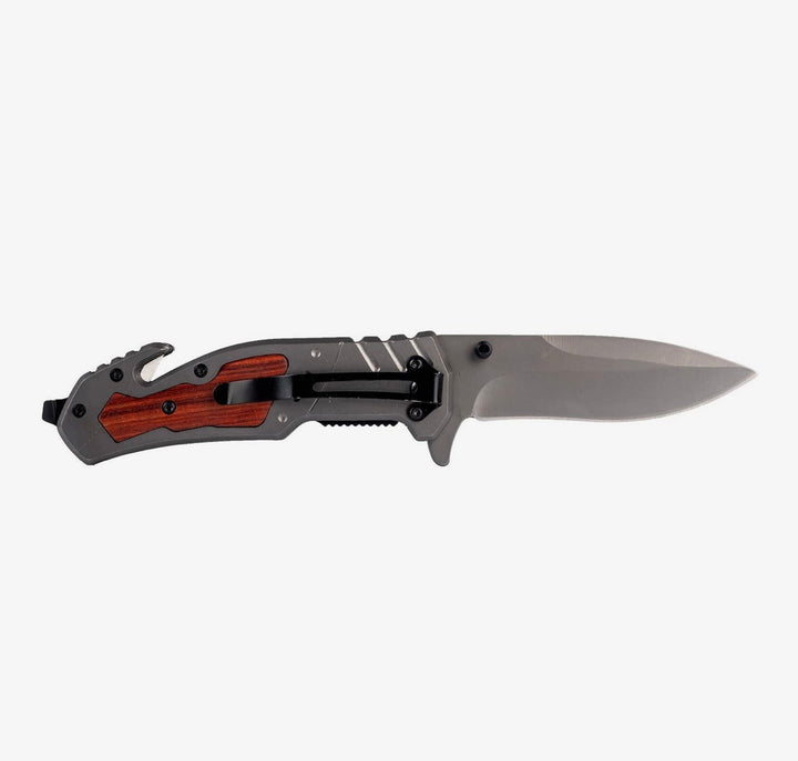 Open Appalachian folding pocket knife with a stainless steel drop-point blade, wood inlay handle, pocket clip, seatbelt cutter, glass breaker, and bottle opener for everyday carry.