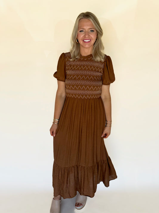 Yenni Feminine Smocked Midi Dress