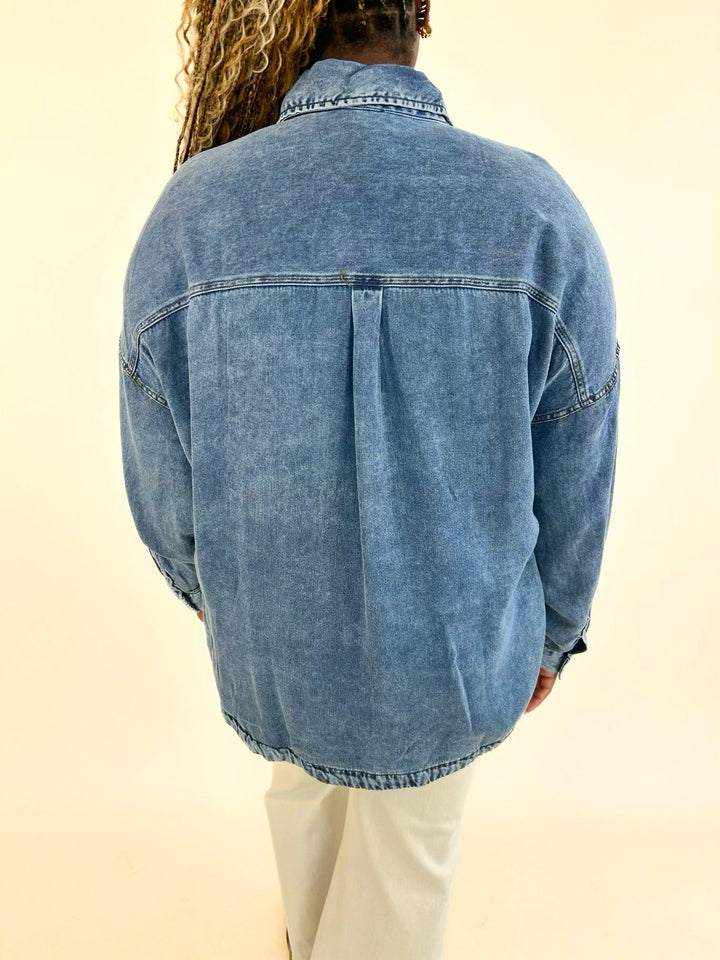Back detail of Marlow Mineral Wash Denim Shirt highlighting relaxed fit and mineral wash finish