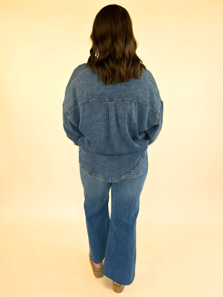 Back view of Marlow Mineral Wash Denim Shirt featuring oversized silhouette and yoke detail